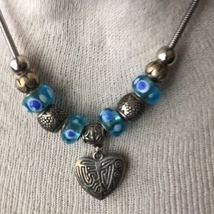 Heart and Beads Necklace in Blue & Silver